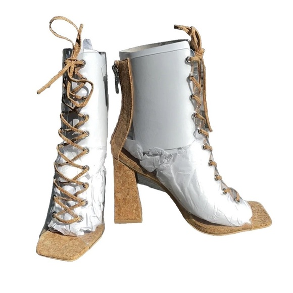 CAPE ROBBIN Dressy CLEAR Cork Square Peep Toe Ankle Block Lace Up BOOTIE Sz 6.5 - Picture 11 of 12